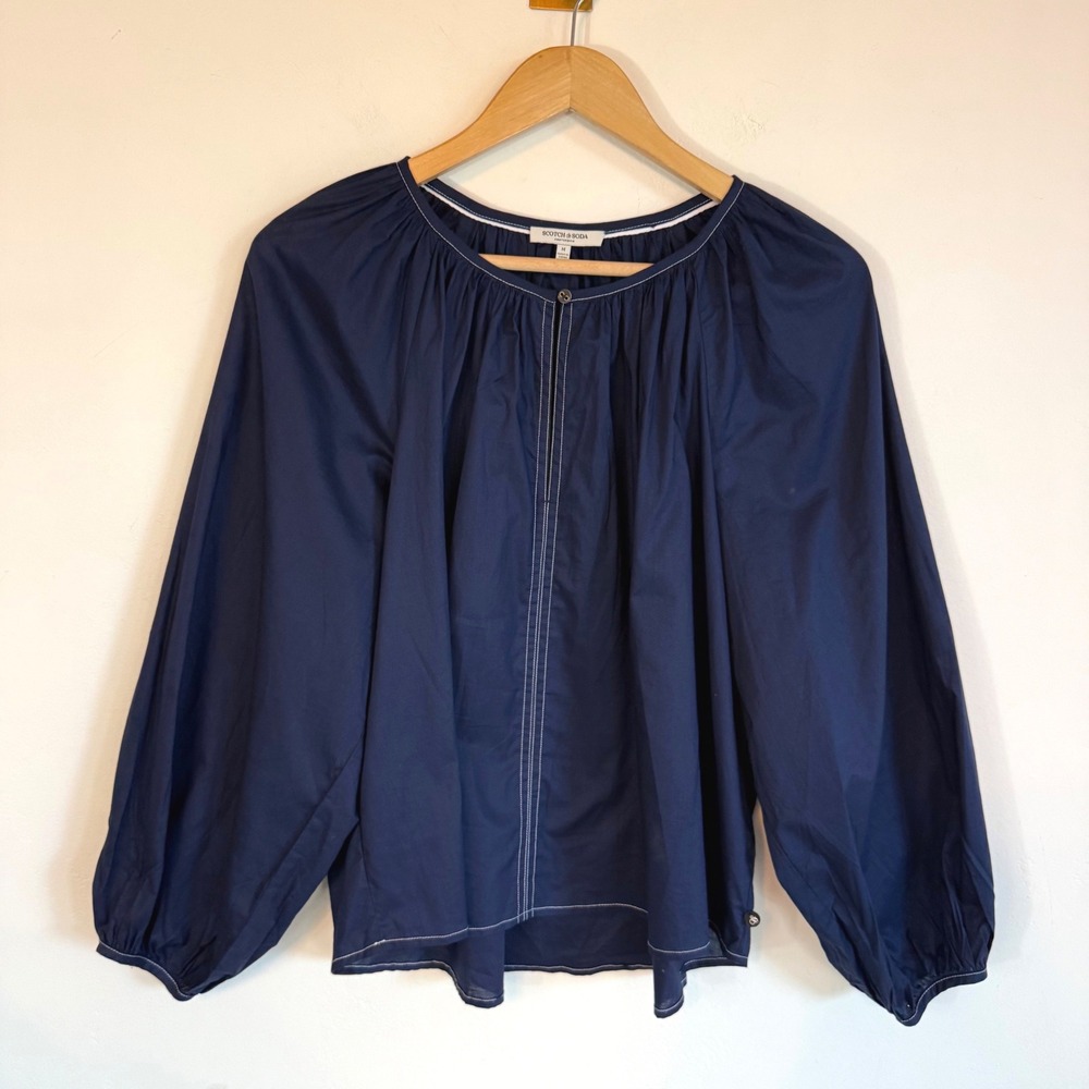 Scotch & Soda Blouse Navy Blue Balloon Sleeve Contrast Stitch Preppy Coastal M